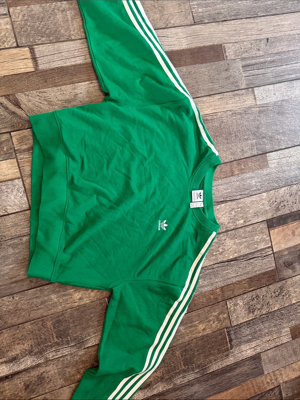 EUC adidas Green Women’s cropped Sweatshirt with White Three-Stripes